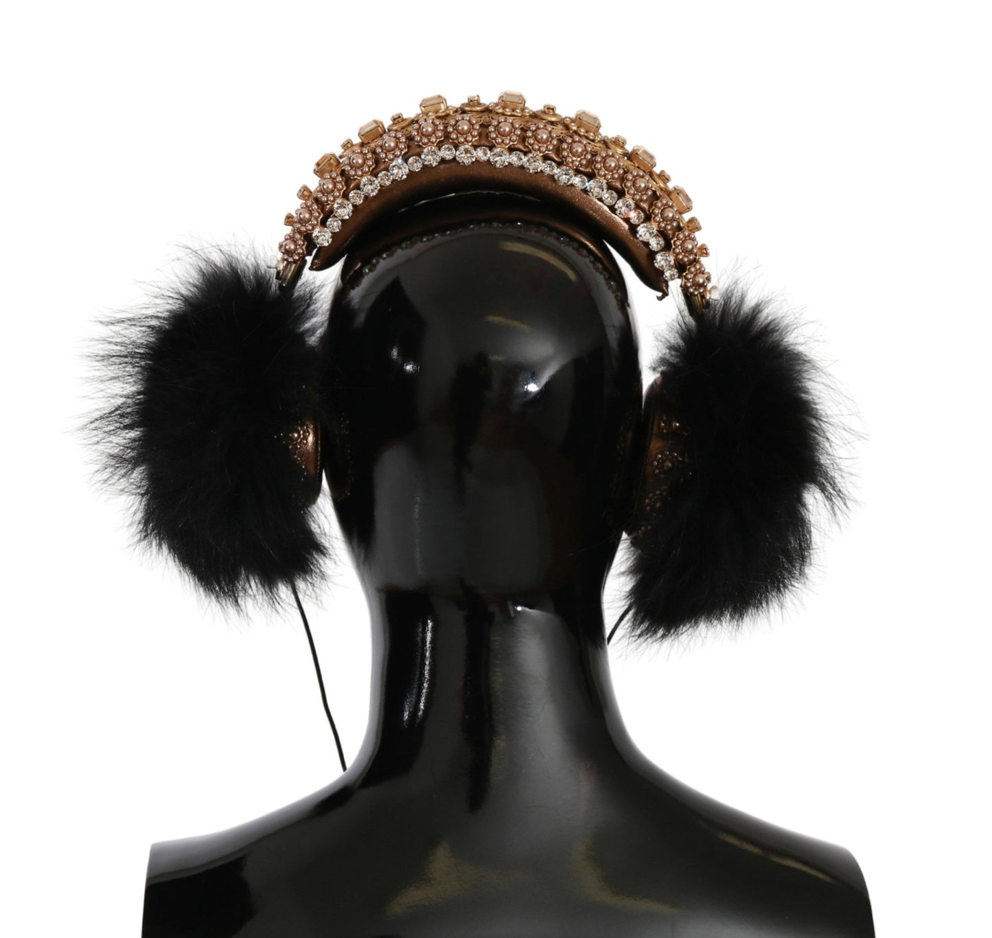 Dolce & Gabbana Gold Black Crystal Fur Headset Audio Headphones