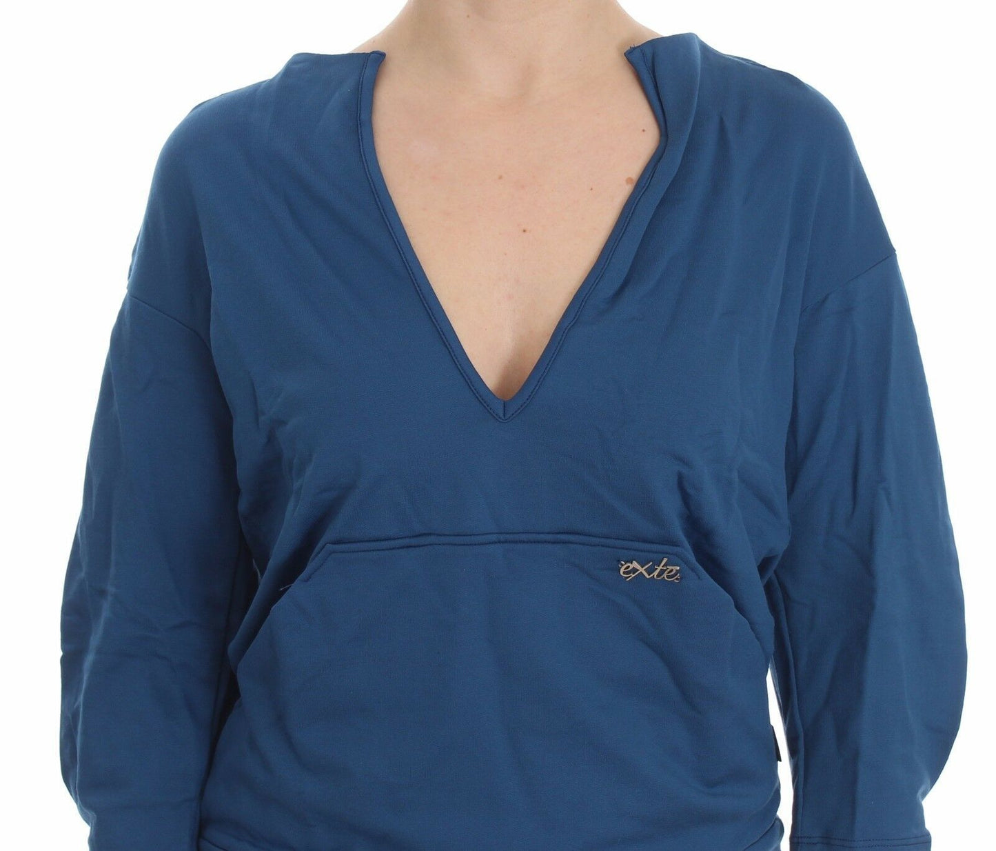 Exte Blue Cotton Top Pullover Deep V-neck Women Sweater