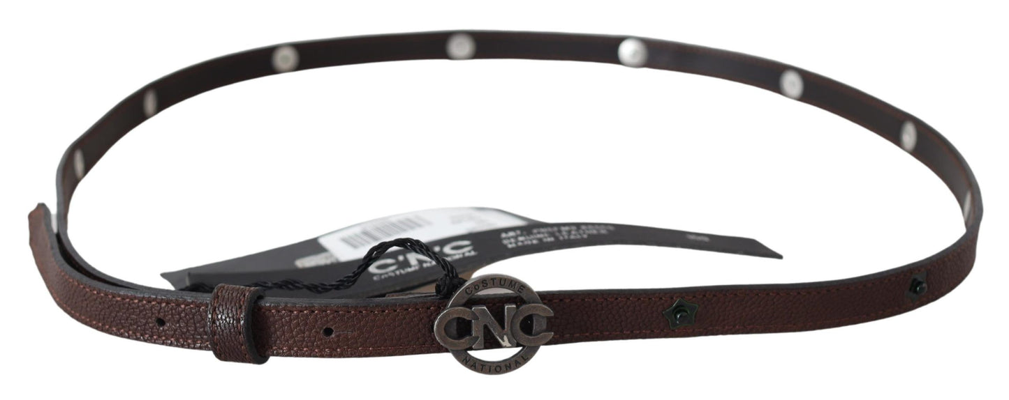Costume National Brown Skinny Leather Round Logo Buckle Belt