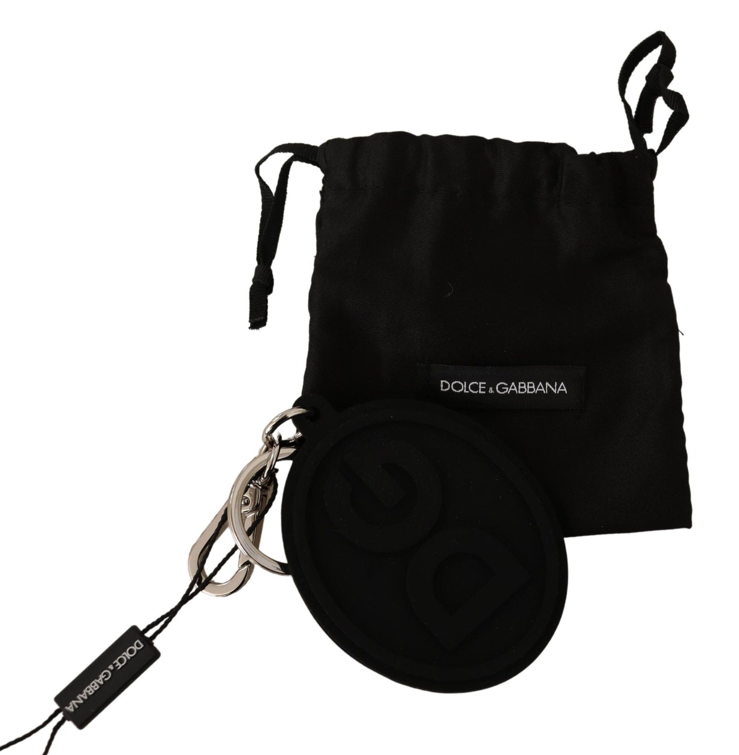 Dolce & Gabbana Black Rubber DG Logo Silver Brass Metal Keychain