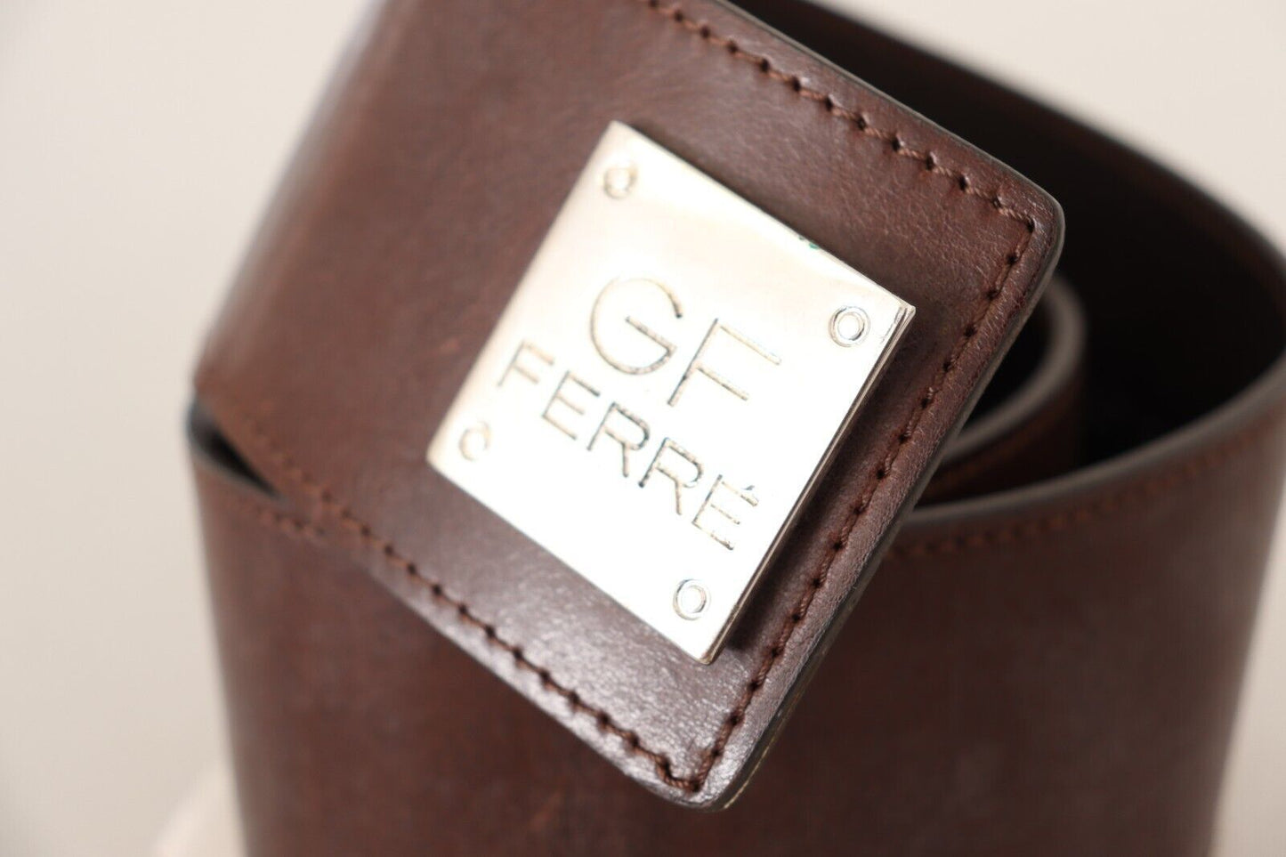 GF Ferre Brown Genuine Leather Wide Logo Buckle Waist Belt