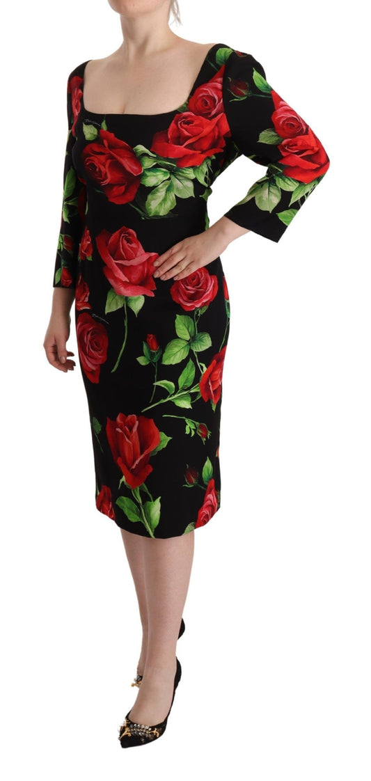Dolce & Gabbana Black Red Roses Sheath Stretch Silk Dress