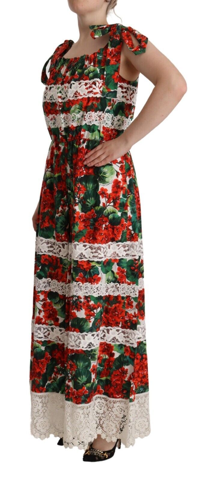 Dolce & Gabbana Multicolor Geranium Print Lace Long Maxi Dress