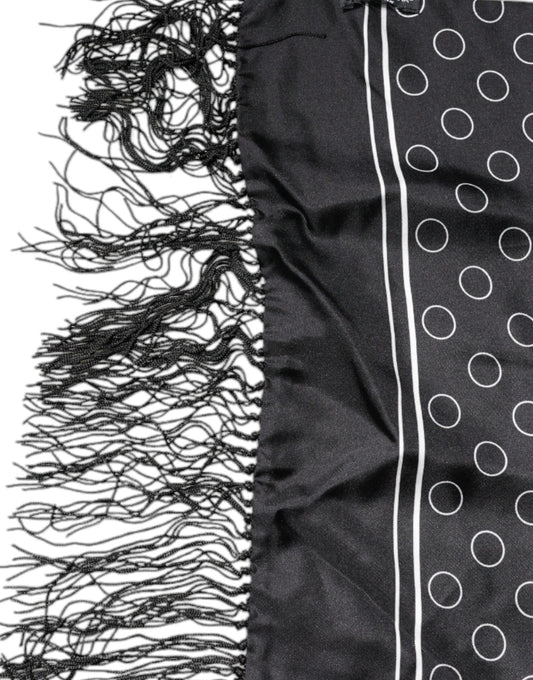 Dolce & Gabbana Black Circles Silk Fringes Shawl Wrap Scarf