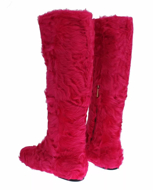 Dolce & Gabbana Pink Lamb Fur Leather Flat Boots Shoes