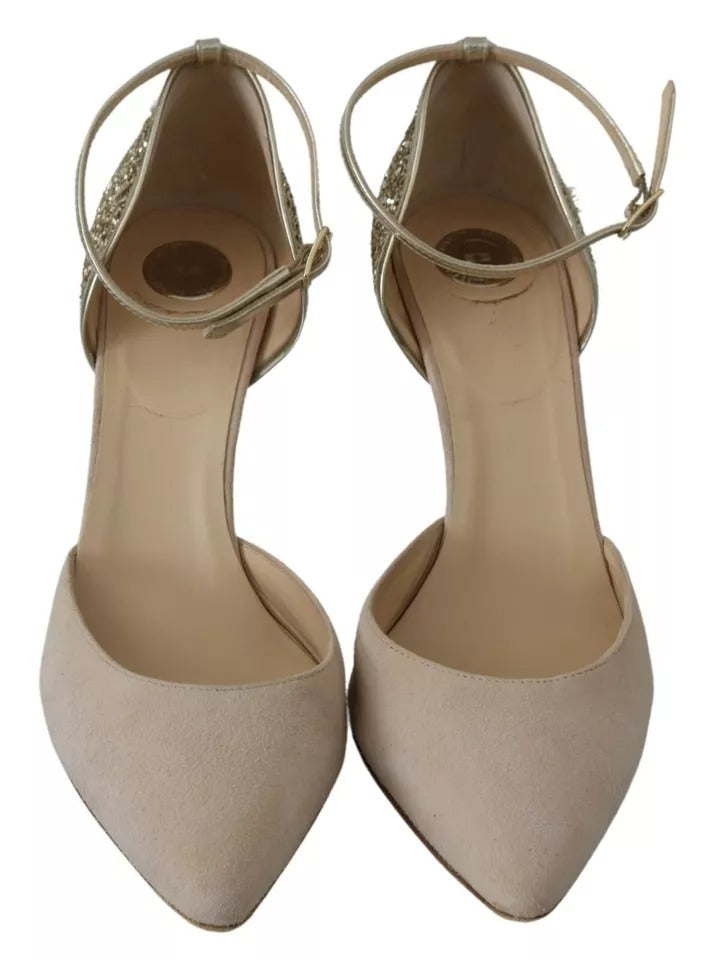 Elisabetta Franchi Beige Linen Ankle Strap High Heels Shoes