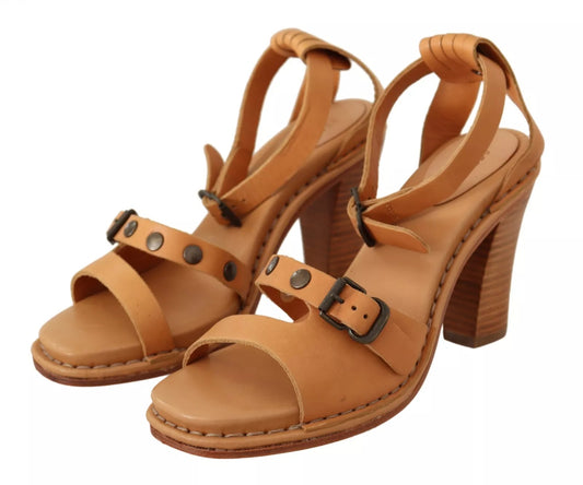 See By Chloé Brown Leather Studded Ankle Strap Sandals Shoes
