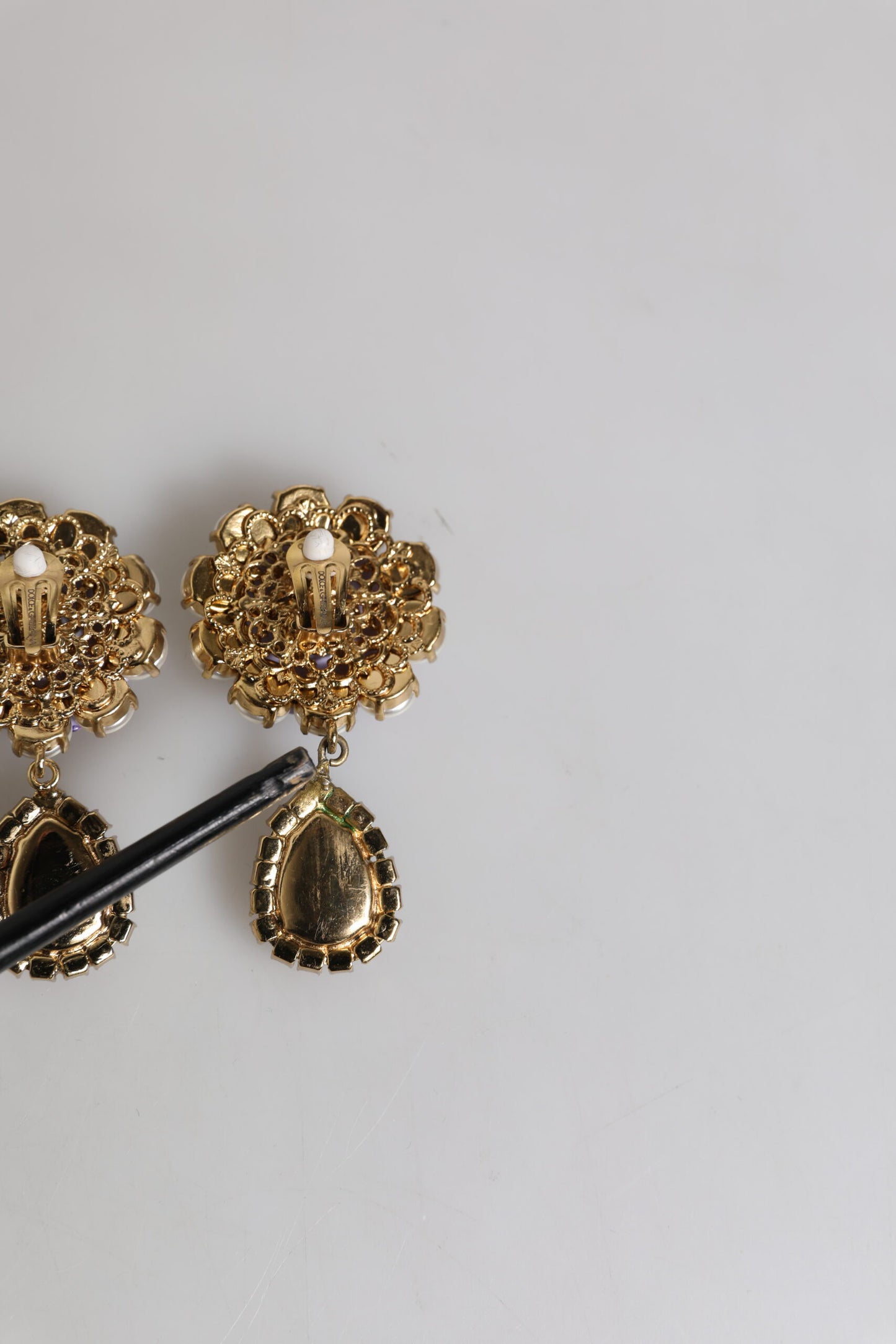 Dolce & Gabbana Purple Flower Pearl Teardrop Crystals Clip On Earrings