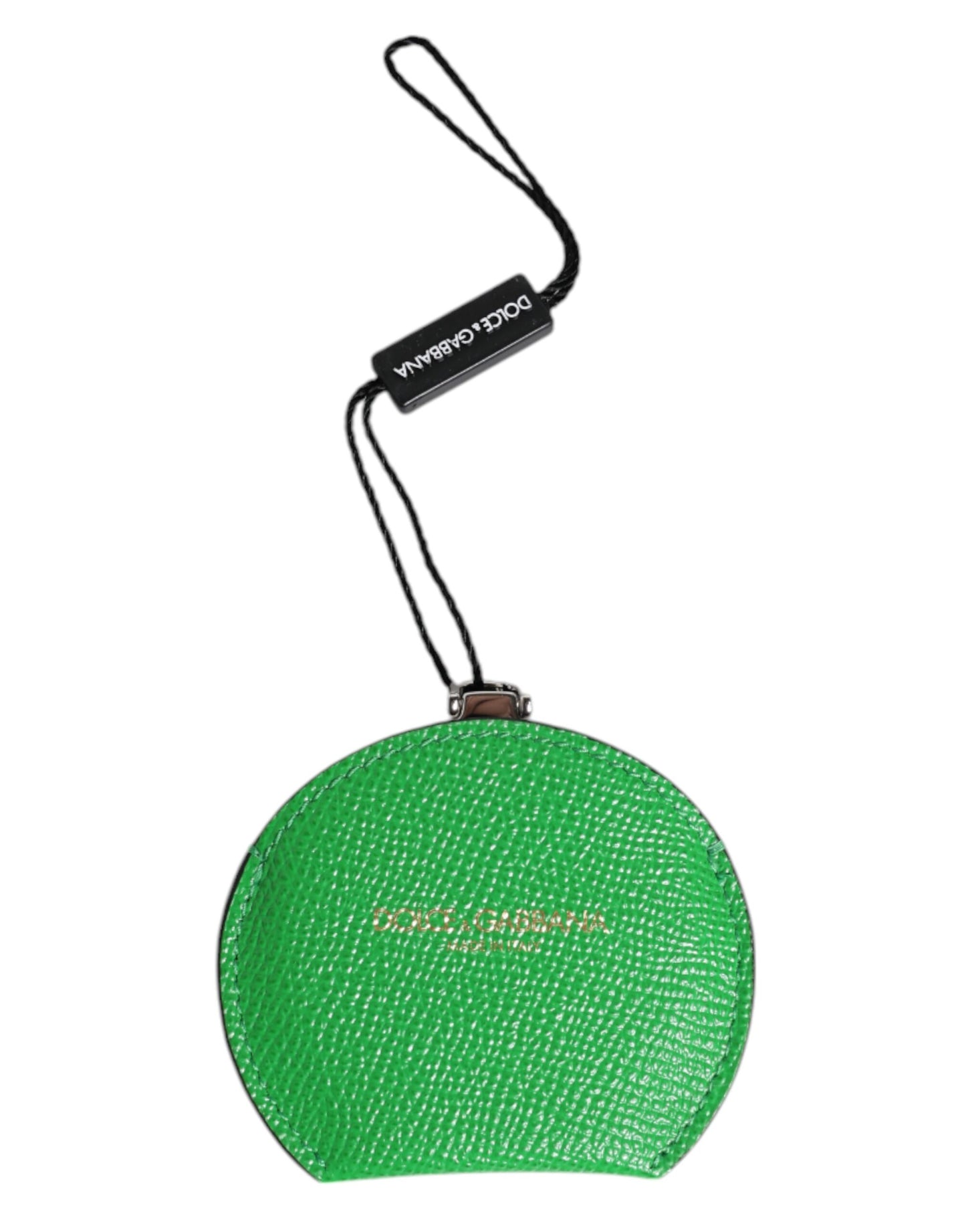 Dolce & Gabbana Green Calfskin Leather Round Logo Hand Mirror Holder