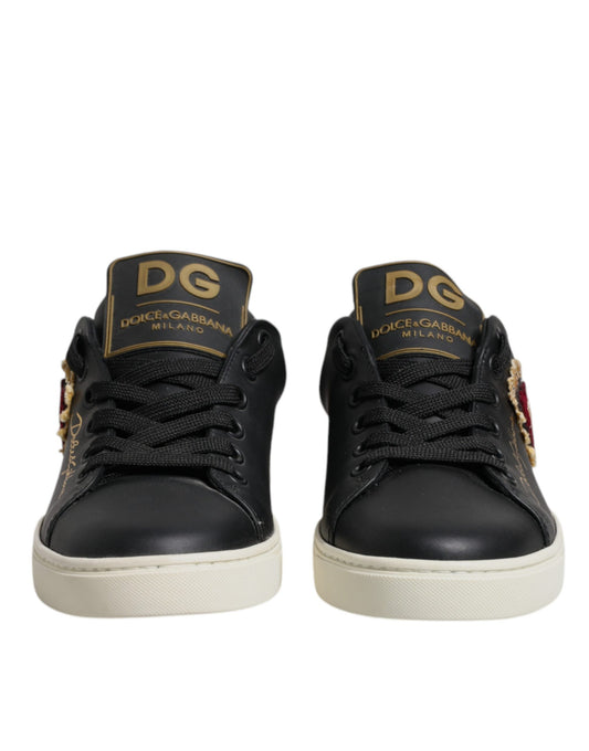 Dolce & Gabbana Black Leather Gold Red Heart Sneakers Shoes