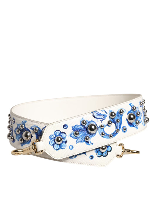Dolce & Gabbana White Blue Floral Leather Stud Shoulder Strap