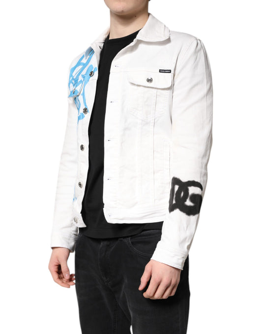 Dolce & Gabbana White Graffiti Cotton Stretch Denim Jacket