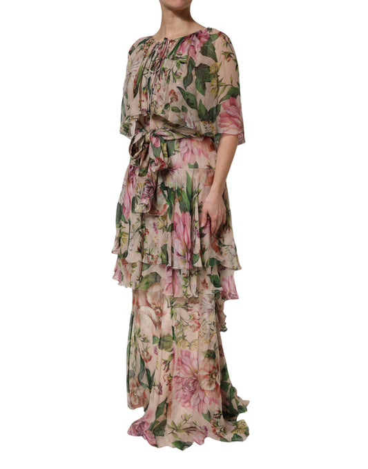 Dolce & Gabbana Pink Floral Print Tiered Long Maxi Dress