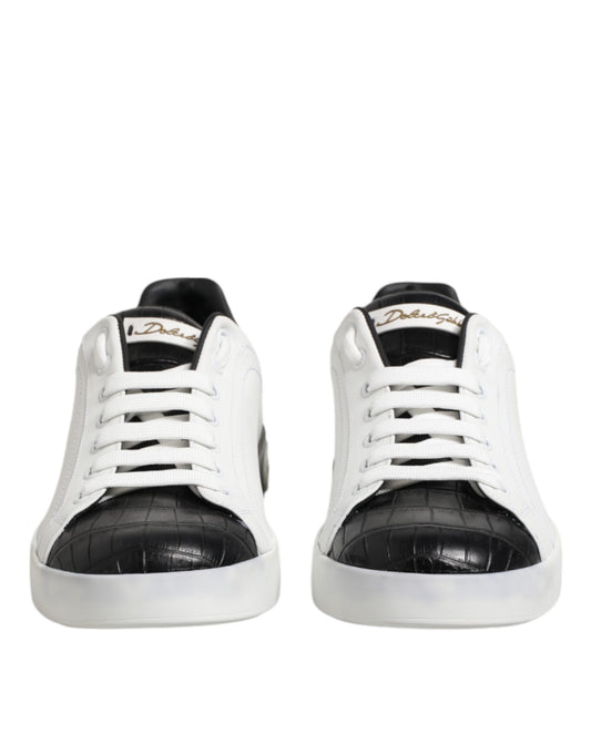 Dolce & Gabbana White Black Leather Portofino Sneaker Shoes