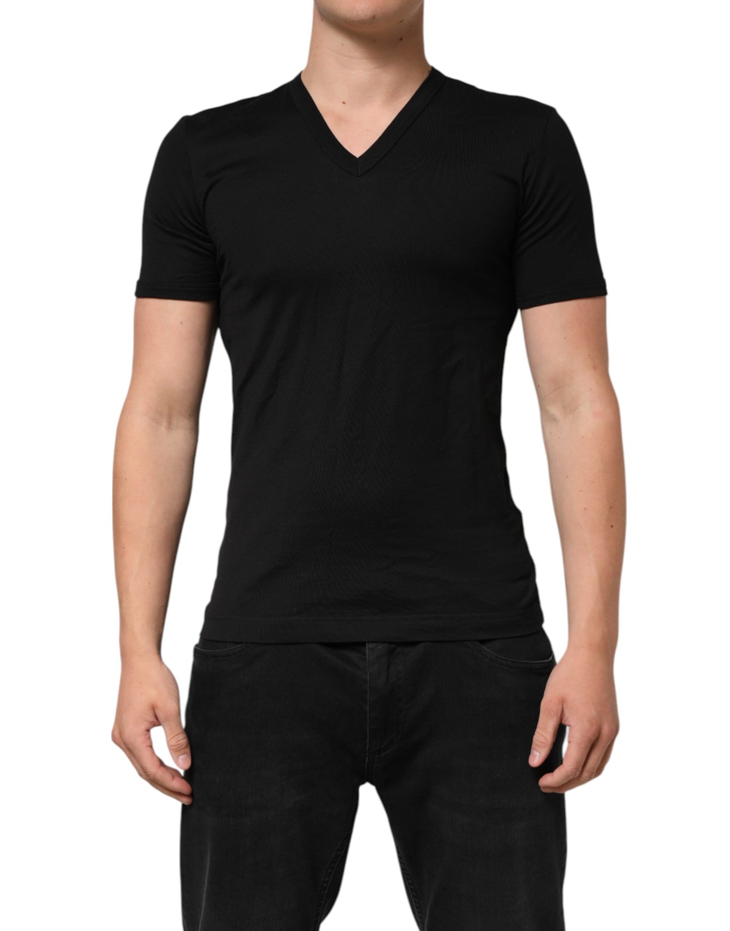 Dolce & Gabbana Black Cotton Plain V-Neck Men Shirt T-shirt