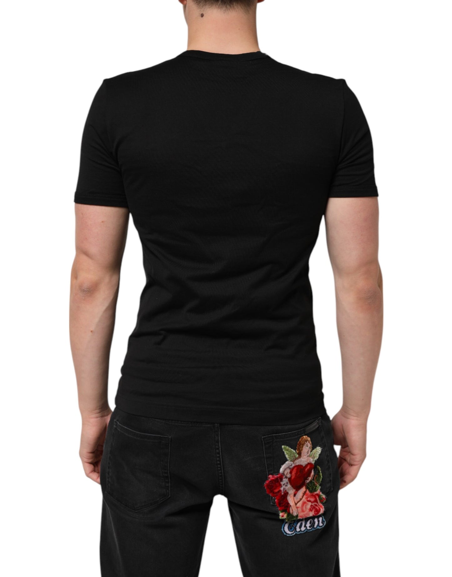 Dolce & Gabbana Black Cotton Plain V-Neck Men Shirt T-shirt