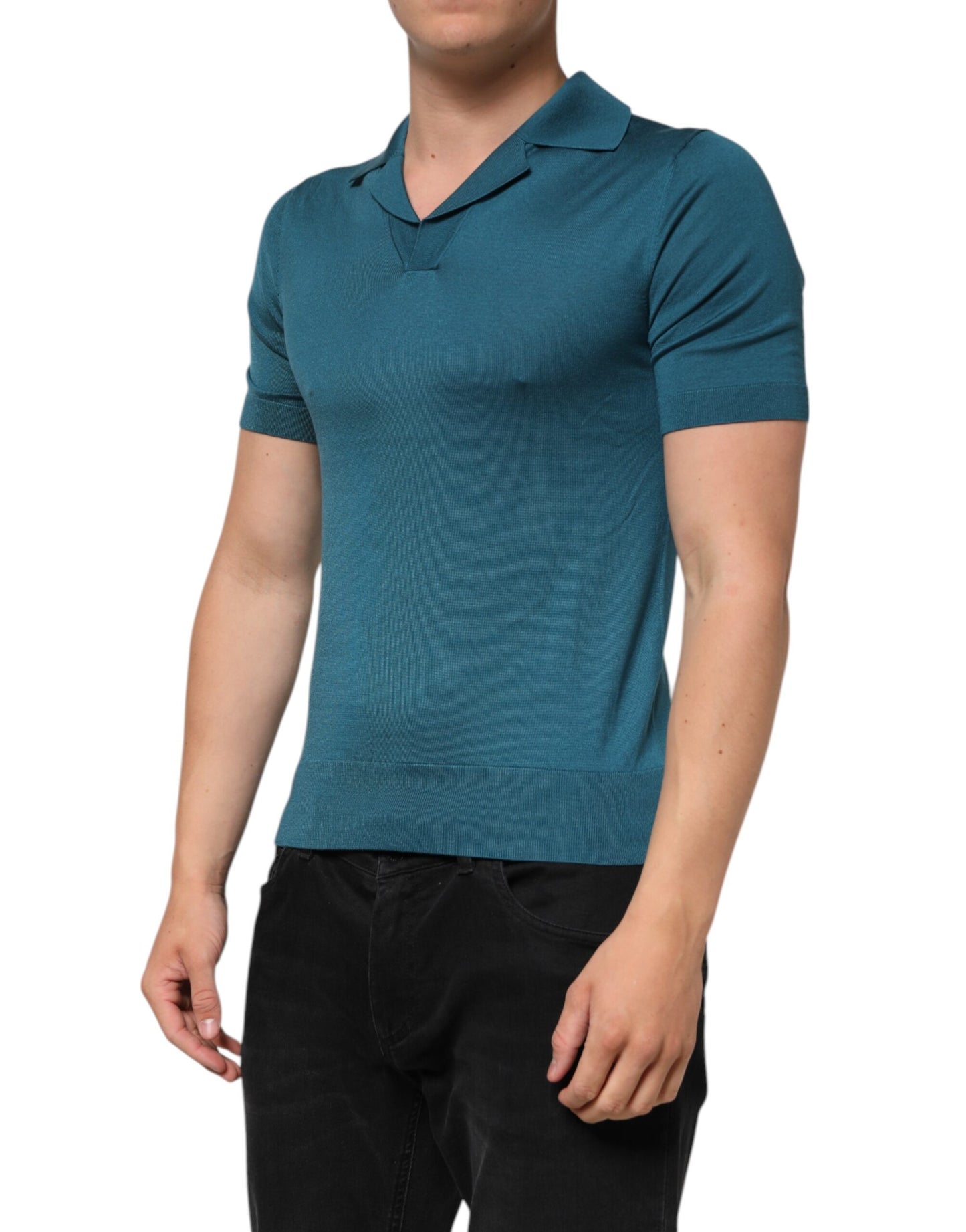 Dolce & Gabbana Teal Blue Silk Collar Short Sleeve Polo T-shirt