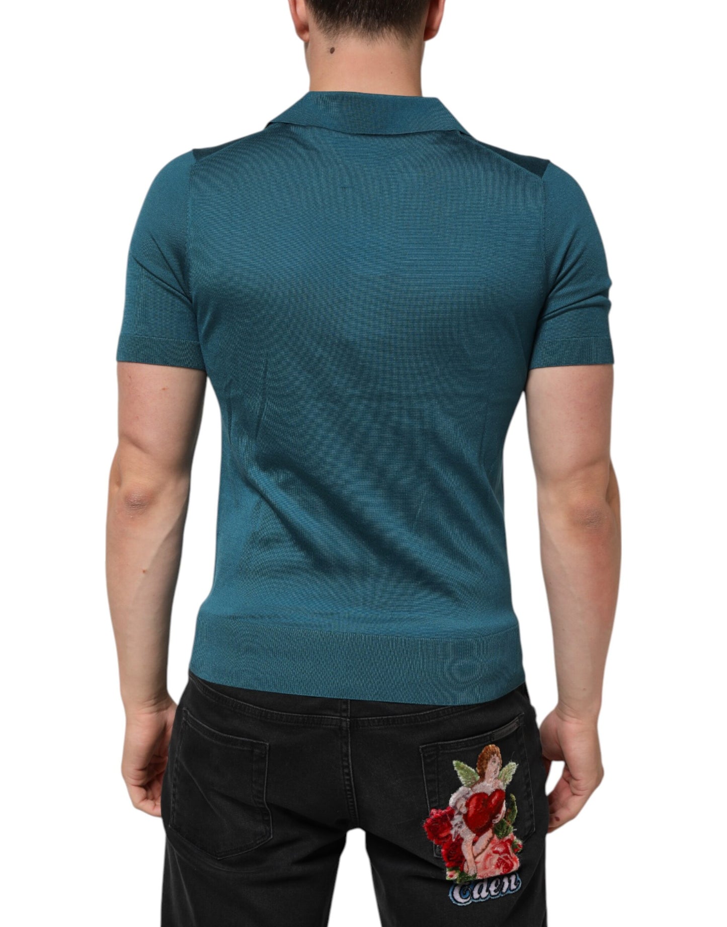 Dolce & Gabbana Teal Blue Silk Collar Short Sleeve Polo T-shirt