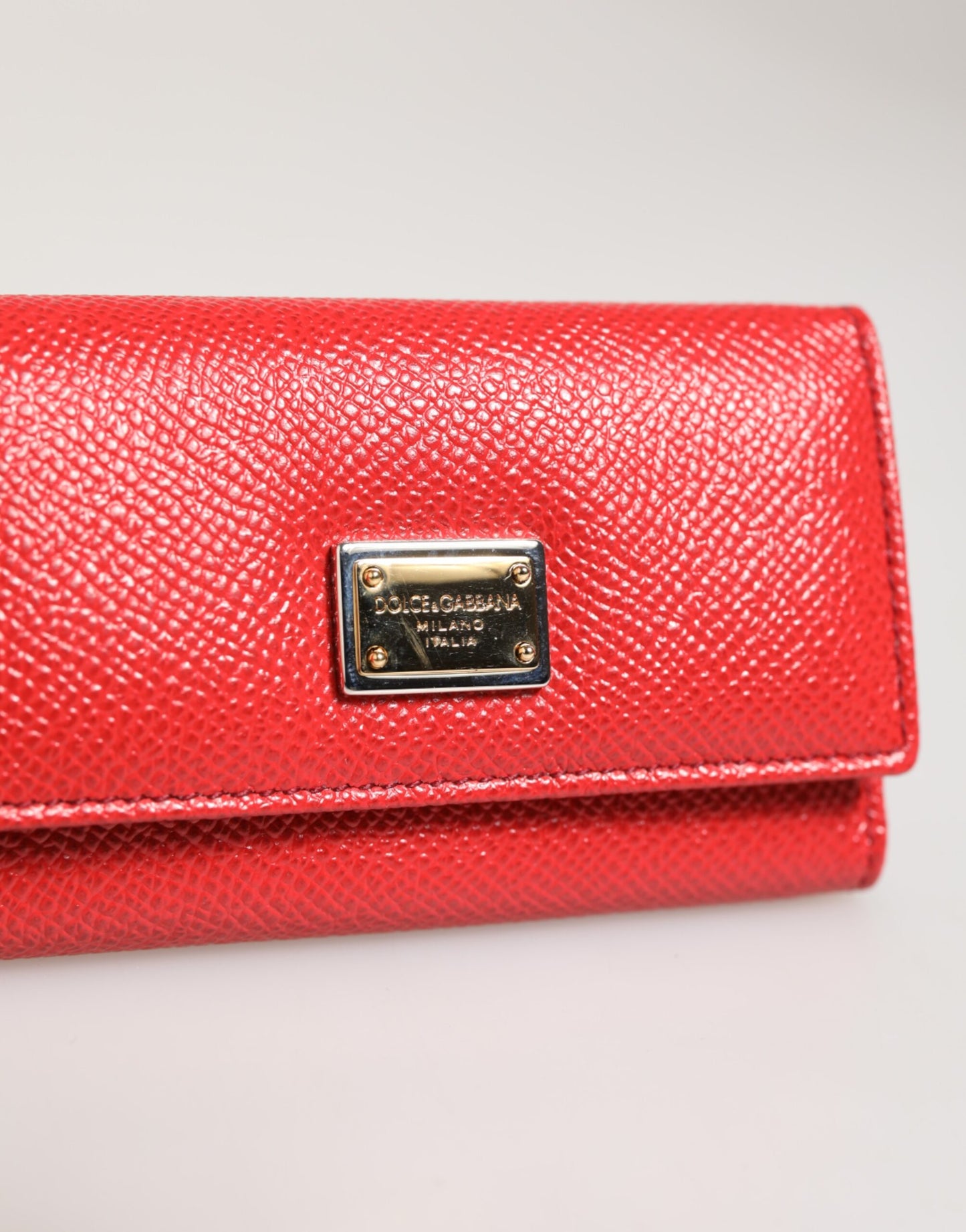 Red Leather Silver Metal Logo Plaque Trifold Key Holder