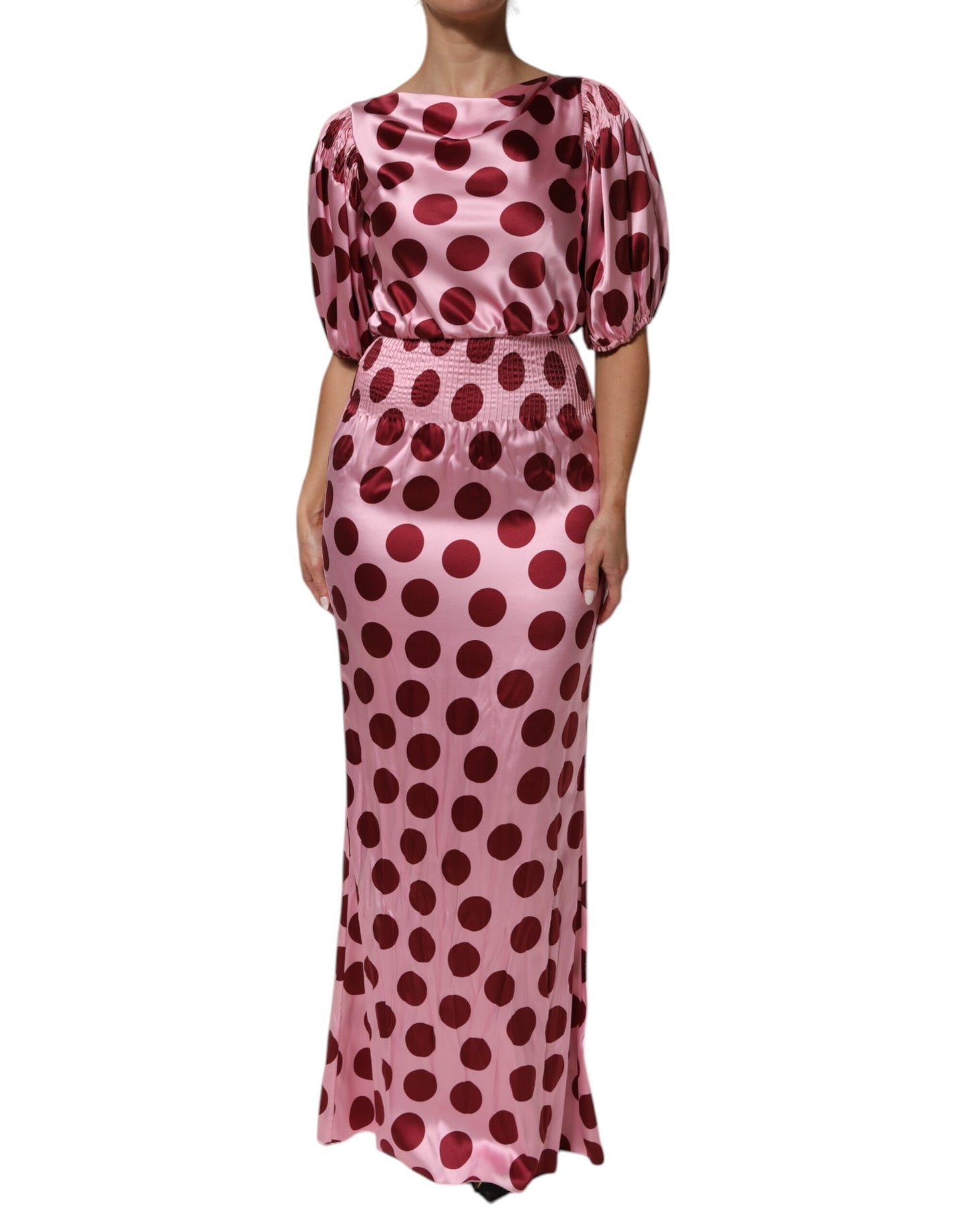 Dolce & Gabbana Pink Red Polka Dot Silk Satin Maxi Gown Dress