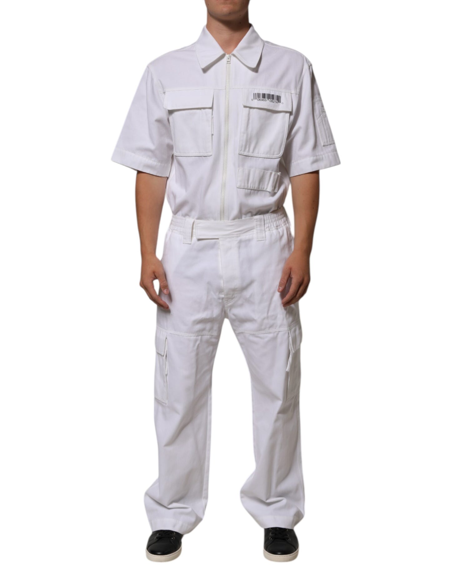 Dolce & Gabbana White Barcode Patch Utility Zip Jumpsuit Pants