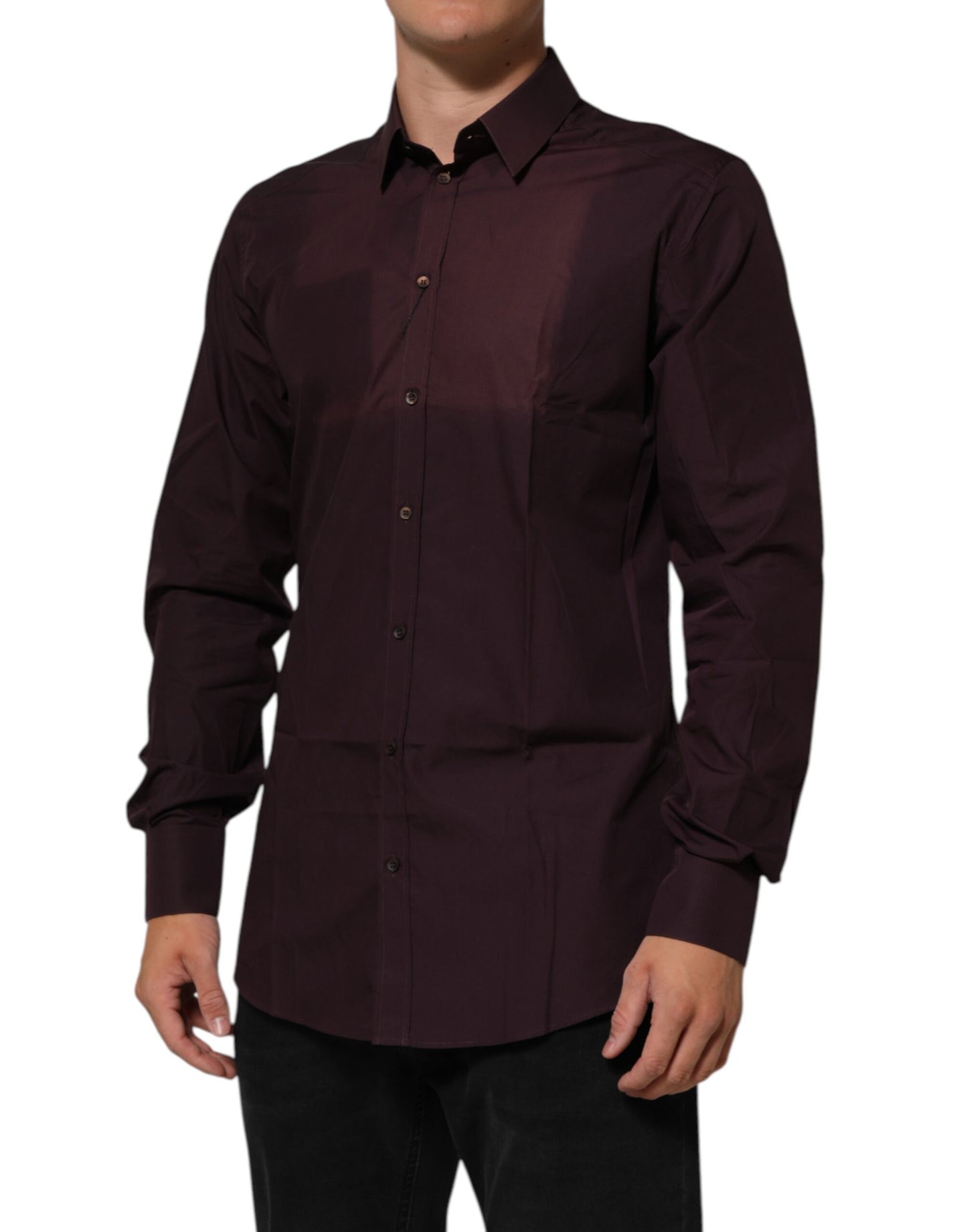 Dolce & Gabbana Maroon Cotton Collared GOLD Formal Dress Shirt