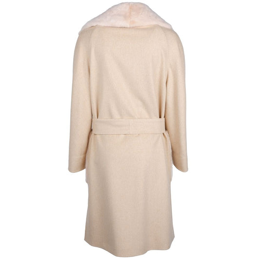 Made in Italy Beige Wool Women Coat with Rabbit Fur Collar