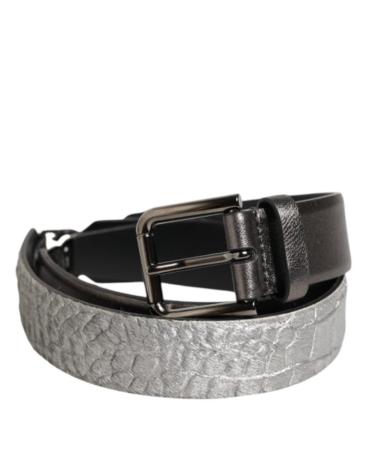 Dolce & Gabbana Black Silver Pebbled Texture Leather Buckle Men Belt