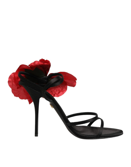 Dolce & Gabbana Black Leather Strappy Flower Heels Sandals Shoes