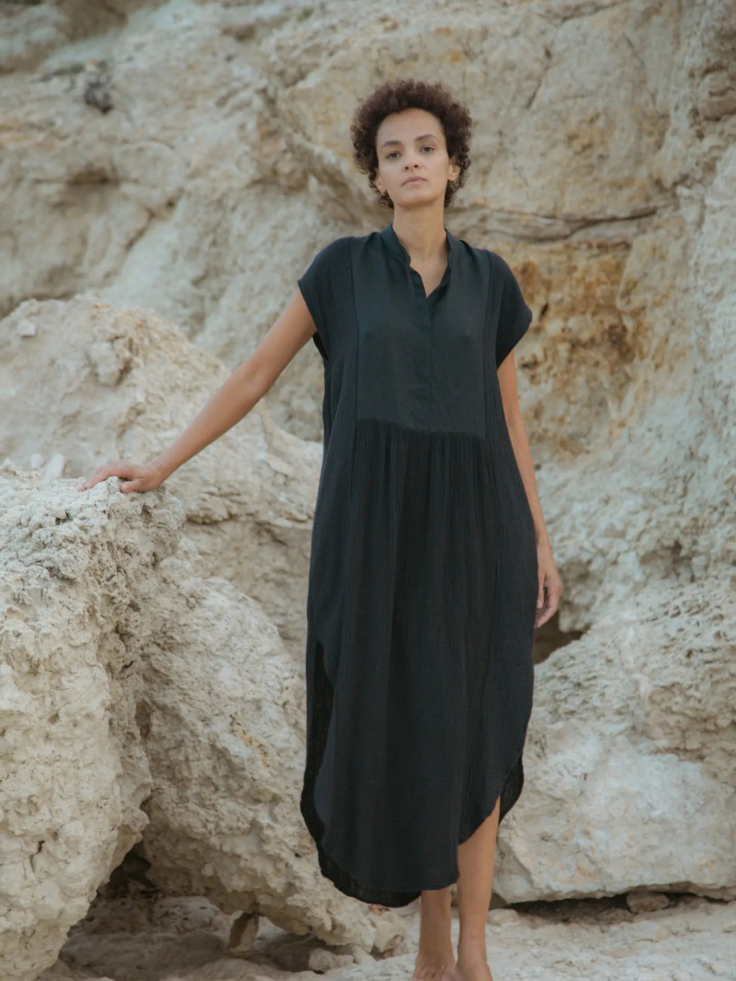 771 Nesprer Dress Beige Organic Cotton Gauze Olive green