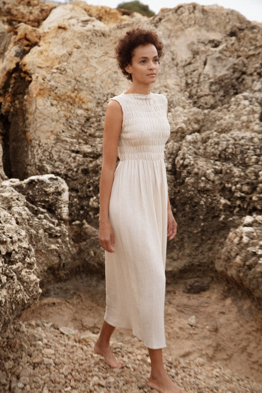 735 Alber Gathered Dress in Organic Cotton Muslin   Navy Blue
