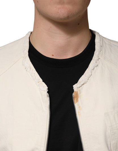 Dolce & Gabbana Off White Cotton Full Zip Denim Men Blouson Jacket