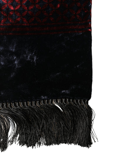 Dolce & Gabbana Black Red Rayon Geometric Pattern Fringe 140cm X 16cm  Scarf