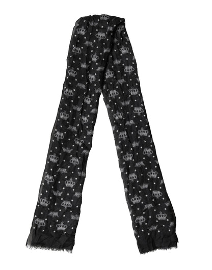 Dolce & Gabbana Black Wool Crown Print Fringe Neck Wrap 180cm x 65cm Scarf