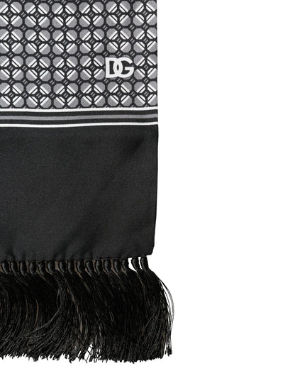 Dolce & Gabbana Black Silk Geometric Fringed Foulard 140cm x 15cm Scarf