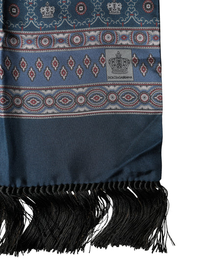 Dolce & Gabbana Blue Silk Crown Geometric Wrap Foulard 184cm X 33cm Scarf