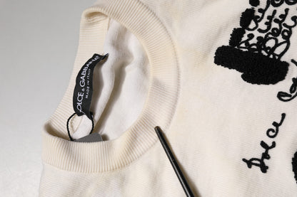 Dolce & Gabbana White Virgin Wool Graphic Logo Crewneck Sweater
