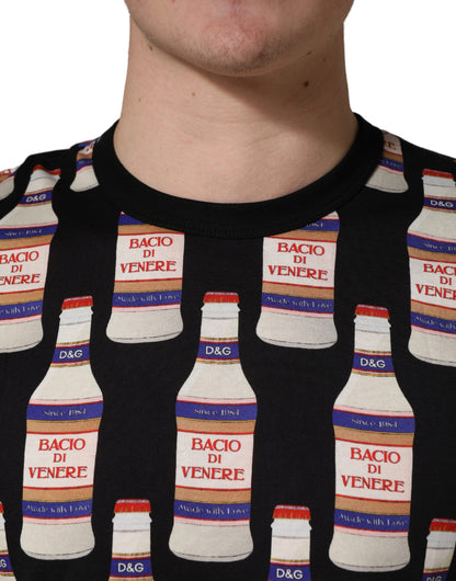 Dolce & Gabbana Black Bottle Print Cotton Crew Neck  T-shirt