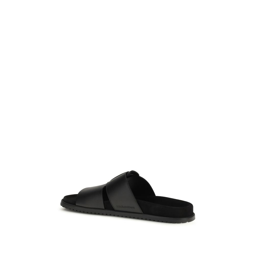 Dolce & Gabbana Black Calf Leather Bos Taurus Flat Sandals