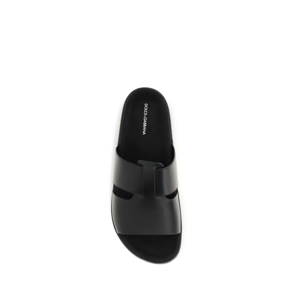 Dolce & Gabbana Black Calf Leather Bos Taurus Flat Sandals