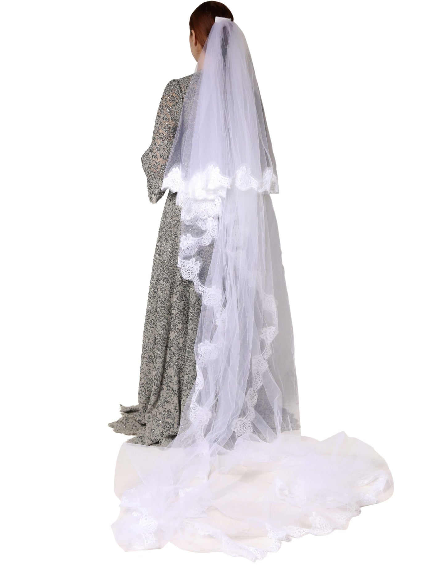 Dolce & Gabbana White Floral Lace Nylon Floor Length Long Wedding Veil