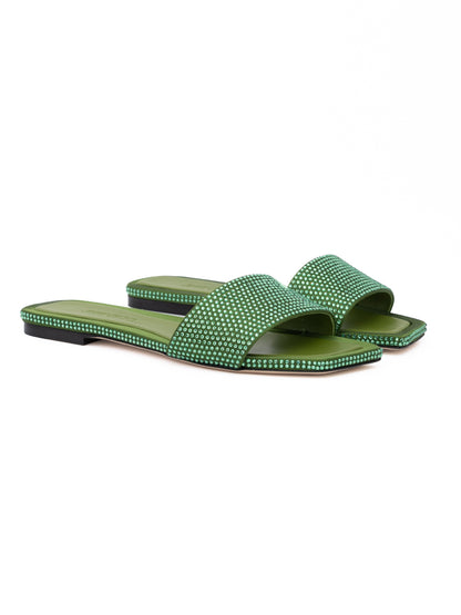 Jimmy Choo Green Satin Crystal Clovis Flat