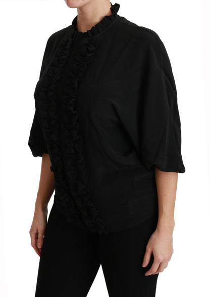Dolce & Gabbana Black Silk Shirt Ruffled Top Blouse
