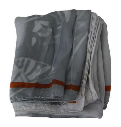 Costume National Gray Red Silk Shawl Foulard Wrap Scarf