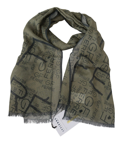 GF Ferre Green Wool Viscose Foulard Patterned Branded Scarf