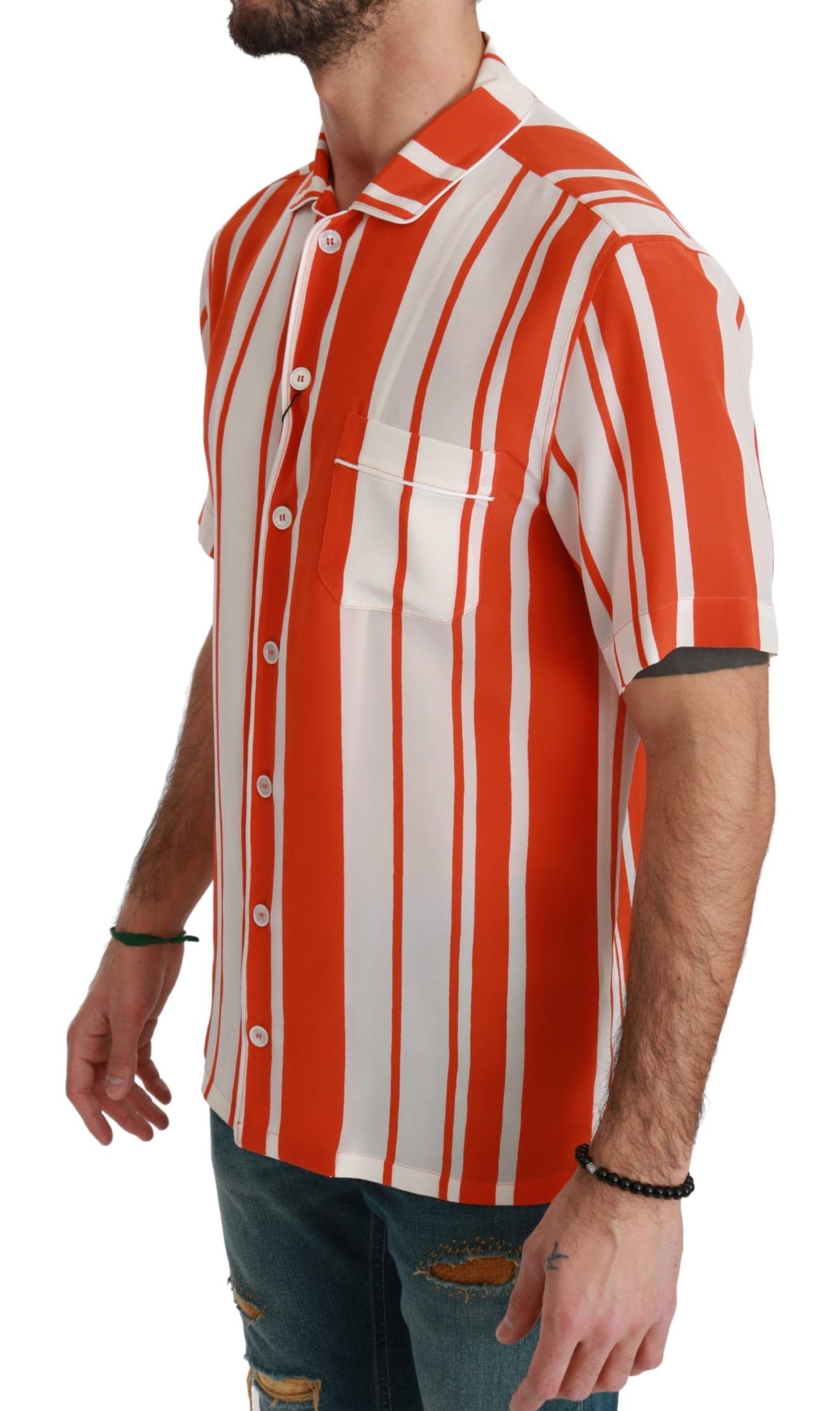 Dolce & Gabbana Orange Silk Striped Short Sleeve White Shirt