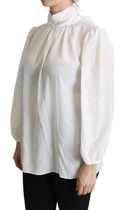 Dolce & Gabbana White Silk Pussy Bow Long Sleeved Top Blouse