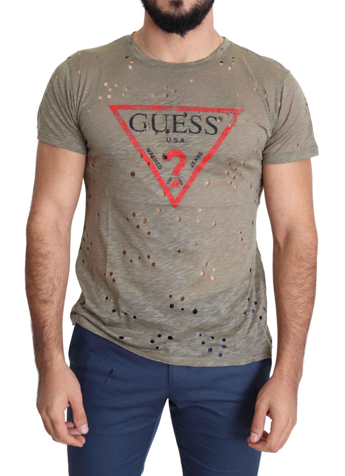Guess Brown Cotton Stretch Logo Print Men Casual Perforated T-shirt