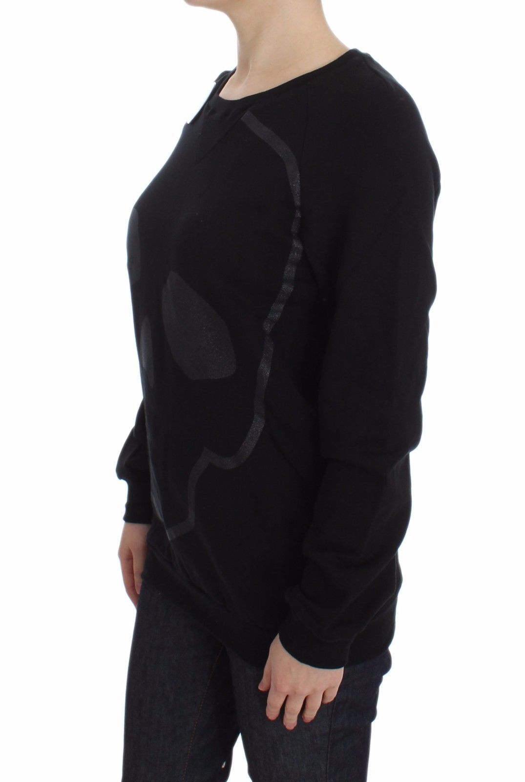 Exte Black Cotton Motive Print Crewneck Pullover Sweater
