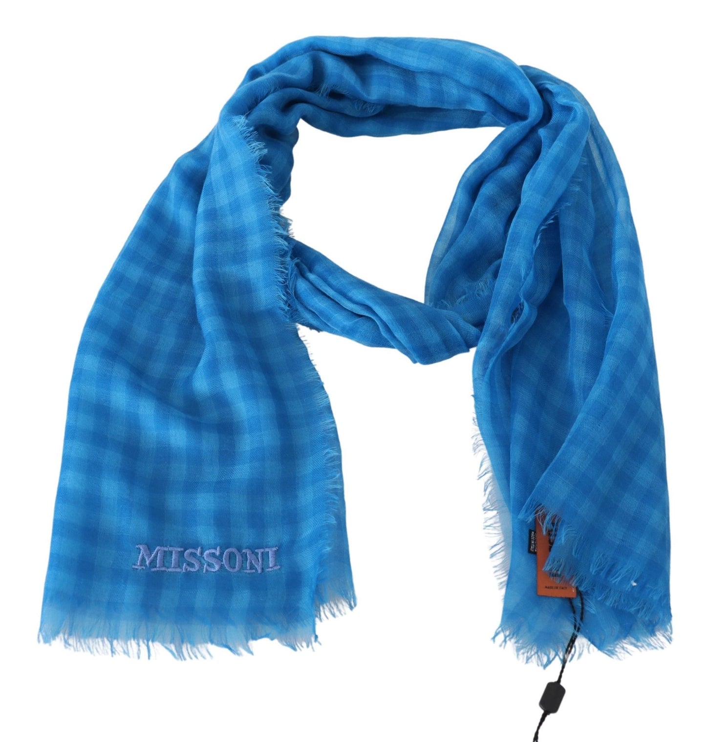 Missoni Blue Checkered Cashmere Unisex Wrap Fringes Scarf